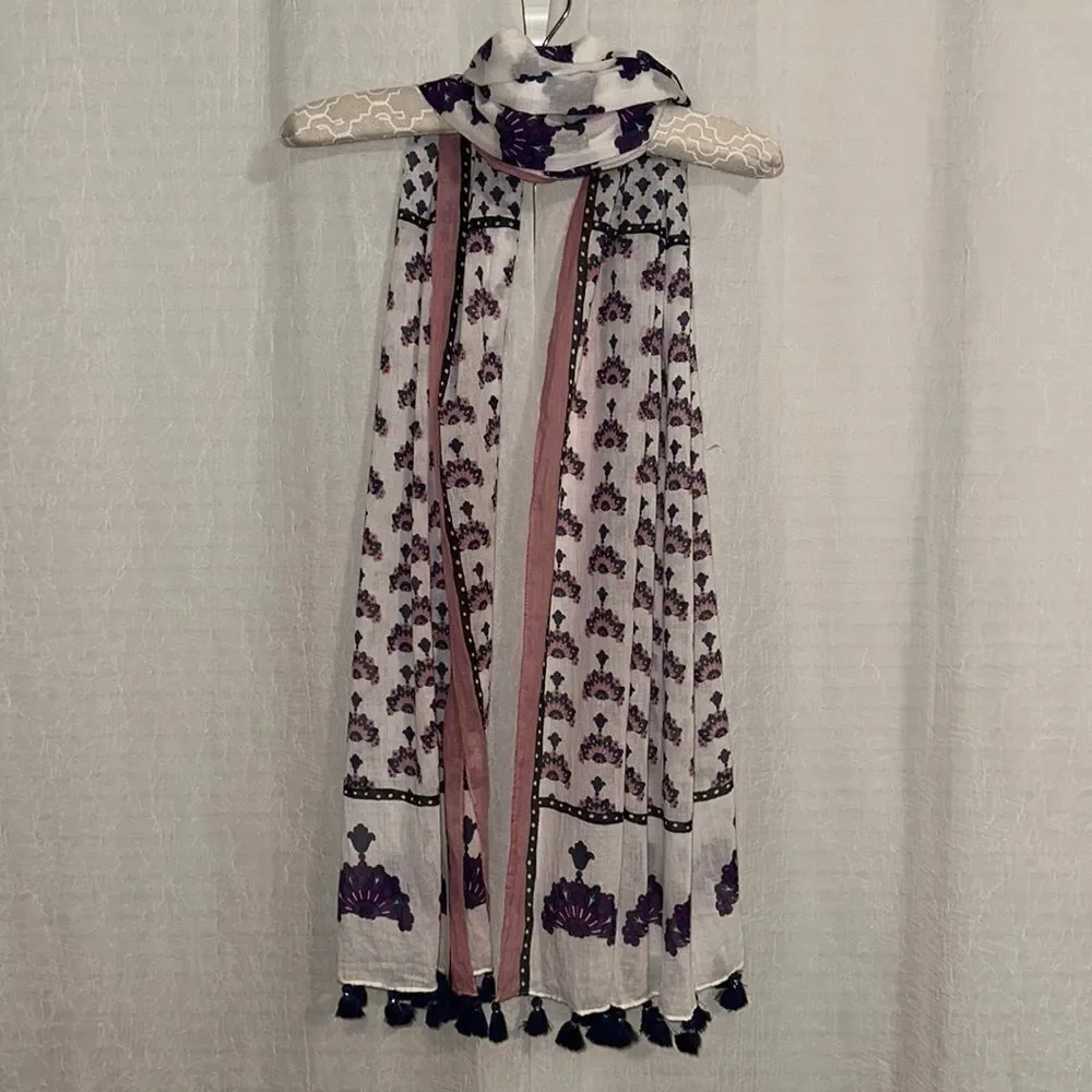 LOFT White Blush Pink Indigo Purple Silver Metallic Floral Tasseled Scarf Wrap